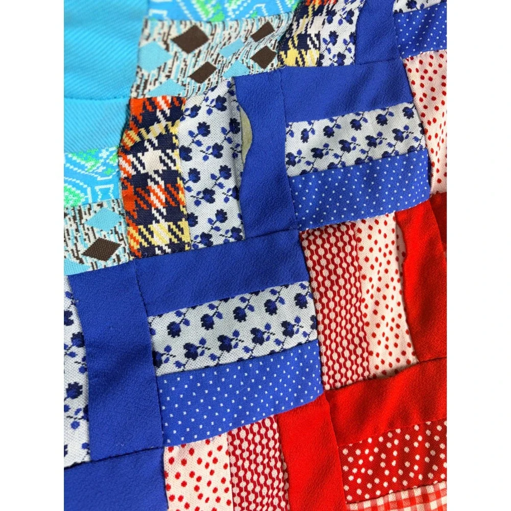 Vintage Handmade Patchwork Quilt Rainbow Polyester Double Knit 70s Retro 68x82